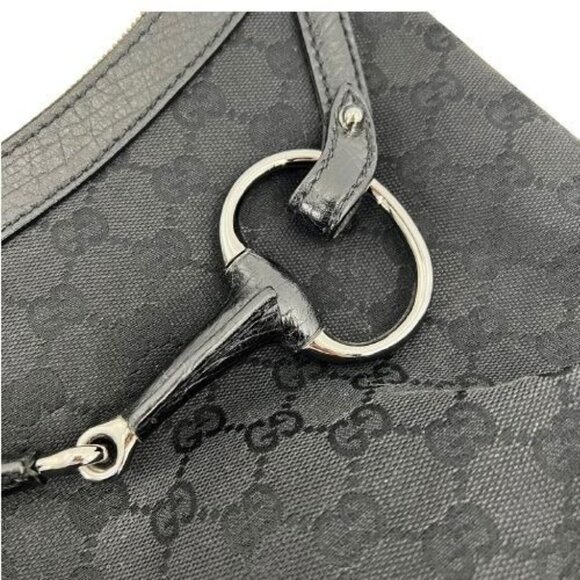 Authentic Gucci GG Horsebit Canvas Hobo Shoulder Tote Bag Leather Monogram Black - Picture 4 of 7